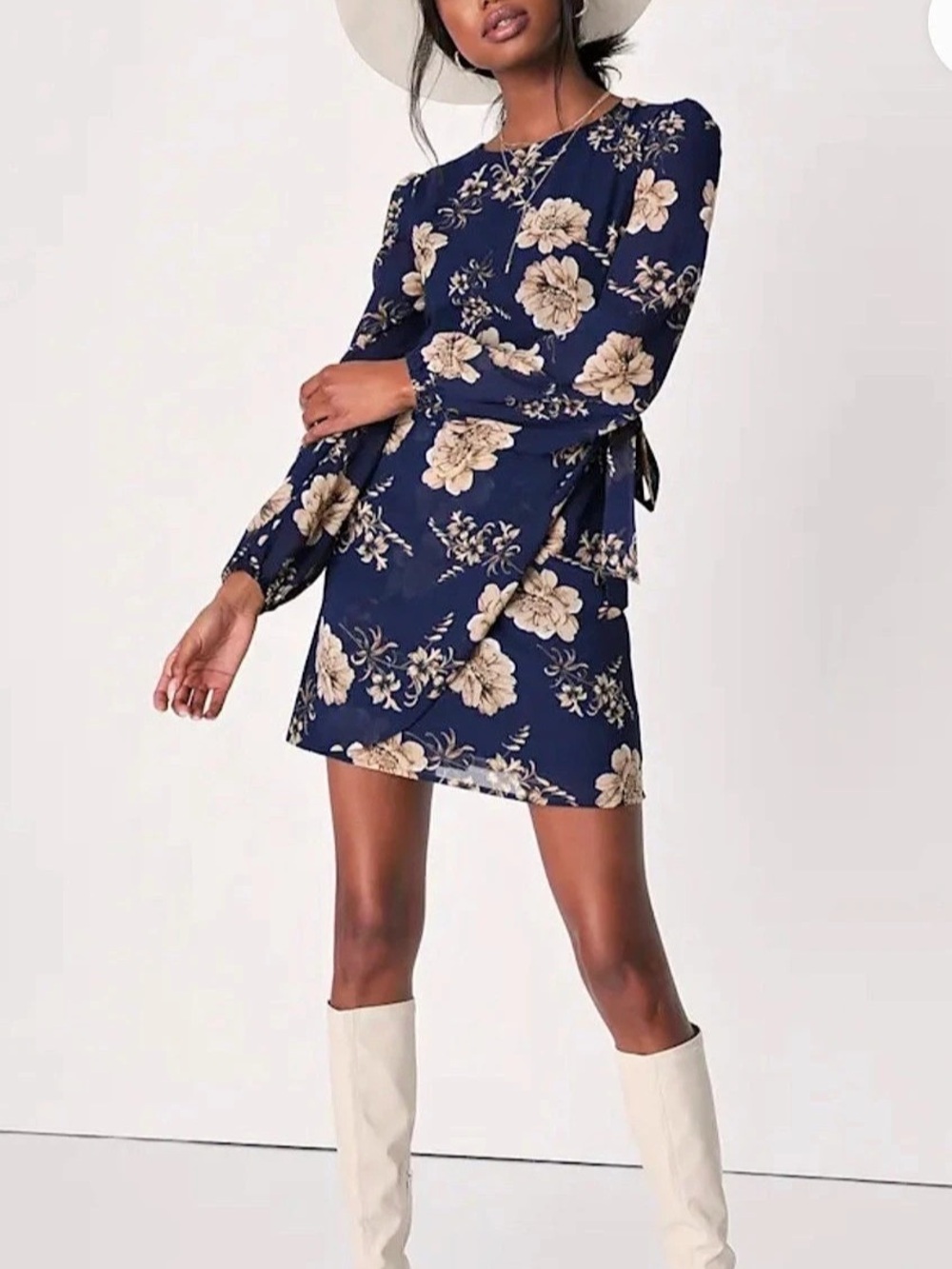 Lulus Winter Flower Navy Blue Floral Long Sleeve Faux Wrap Mini Dress Floral